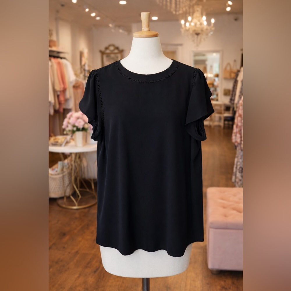 LOFT Black Ruffle Sleeve Back Button Blouse